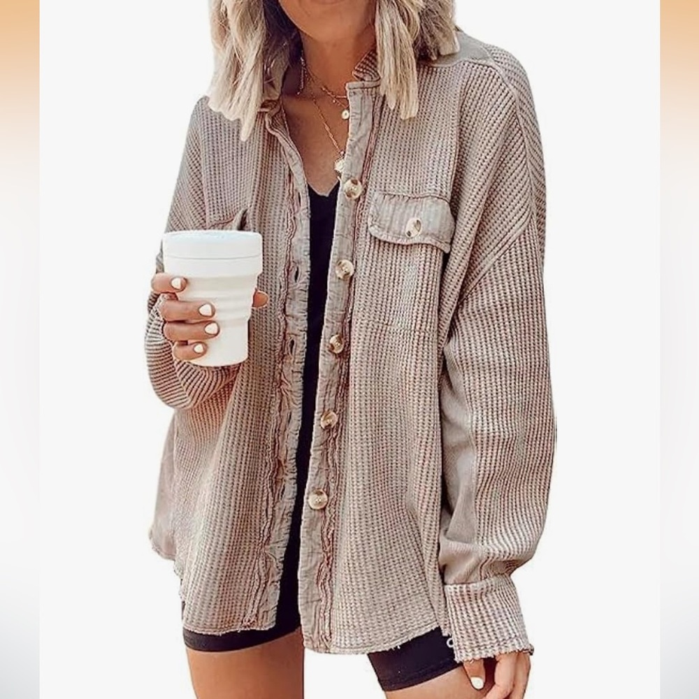 Khaki Waffle Knit Shacket Button Front – Size Large